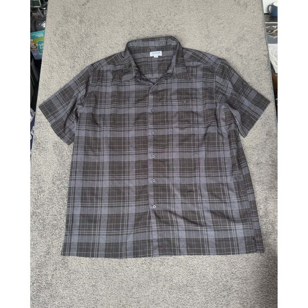 Haggar Cool 18 Tec Mens XXL Short Sleeve Plaid Button Down Shirt Grey Black